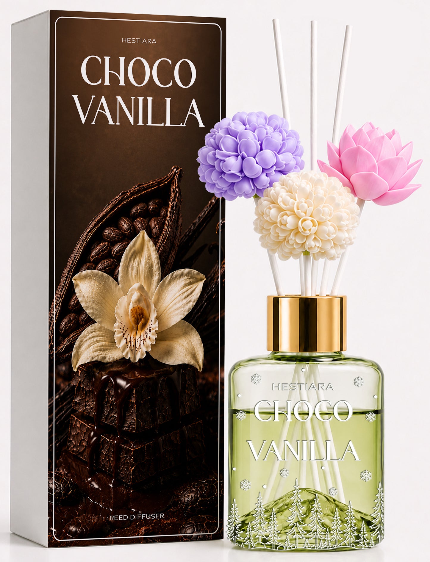 Hestiara Choco Vanilla Reed Diffuser with Decorative Flower Reeds