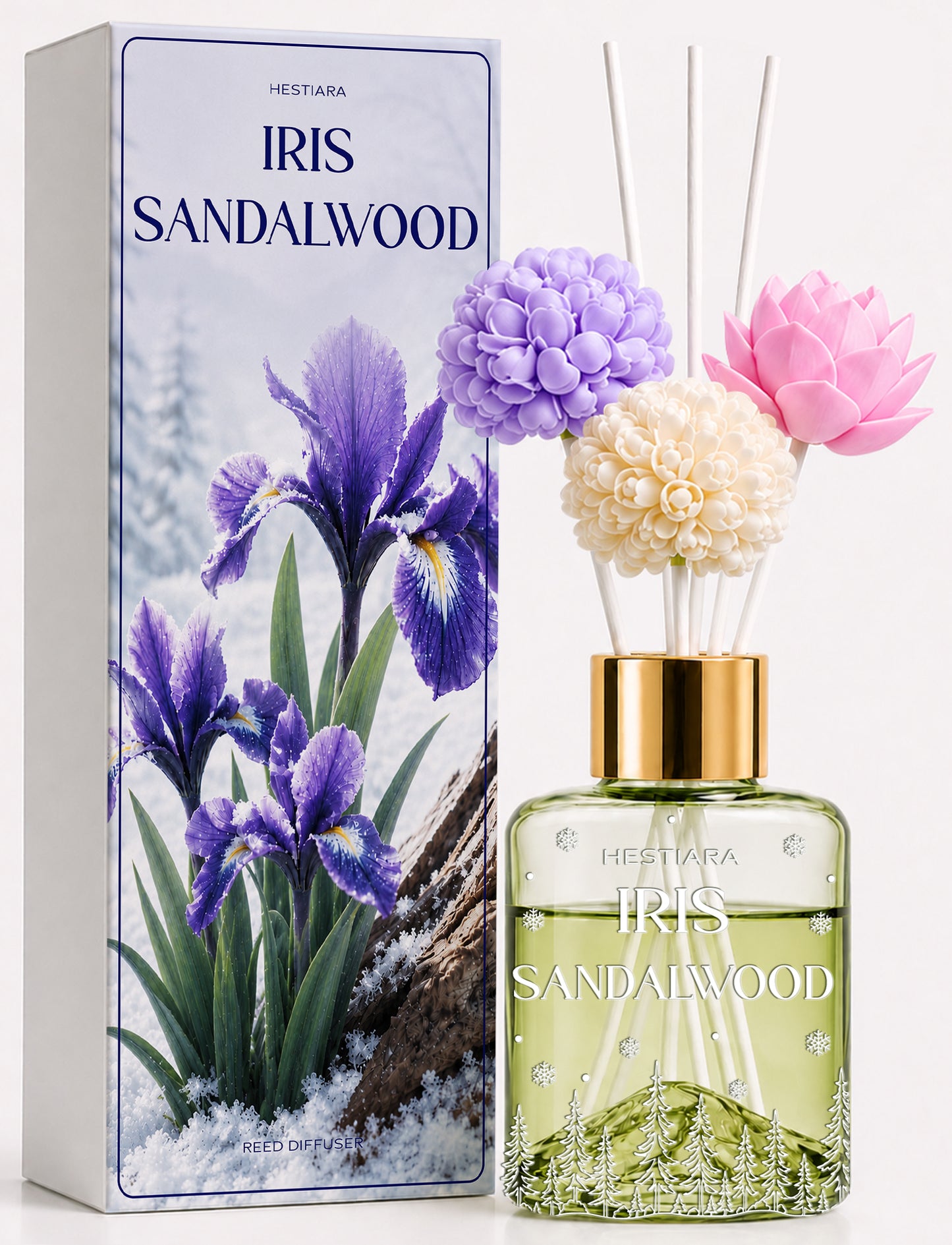 Hestiara Iris Sandalwood Reed Diffuser with Decorative Flower Reeds