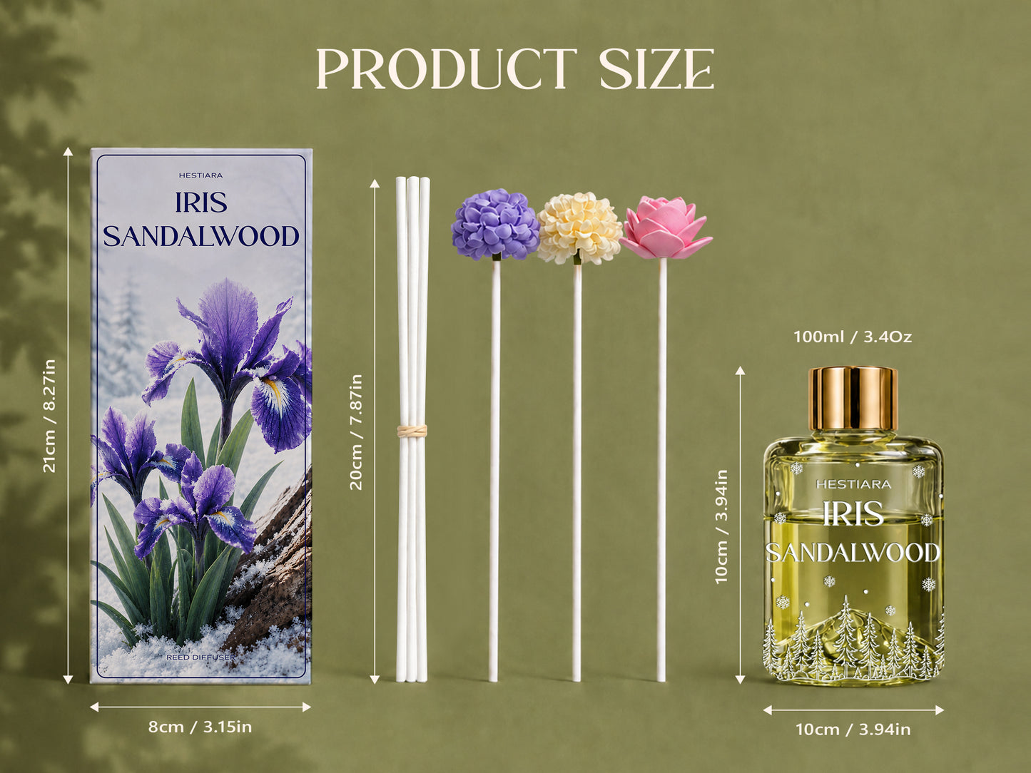 Hestiara Iris Sandalwood Reed Diffuser with Decorative Flower Reeds
